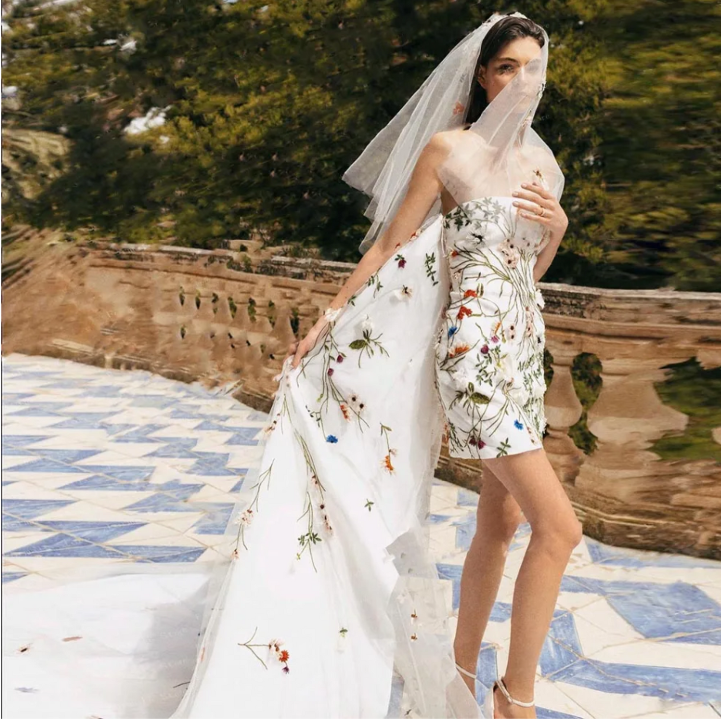 Viva | Unique and Playful | Colourful Embroidered Lace Floral Short Wedding Dress with Detachable Train.