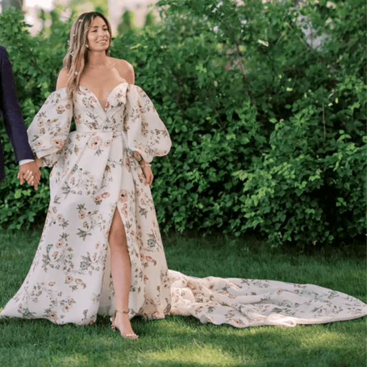 Evangeline | Off Shoulder Floral Wedding Gown with Long Bishop Puff Sleeves and High Thigh Split | Whimsical Floral Fantasy.