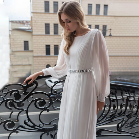 Eleni | Simple Wedding Dress with Long Sleeves, in Draped Chiffon | Timeless Elegance.