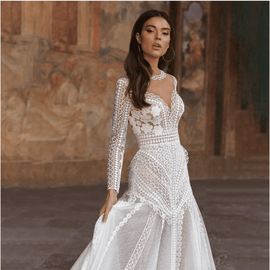 Luna | Long-Sleeved Floral Lace Wedding Dress | Contemporary Elegance.