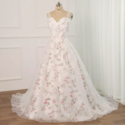 Floral print wedding gown: sweetheart neckline, A-line, lace-up back, sequin beading, sweep train, built-in bra.