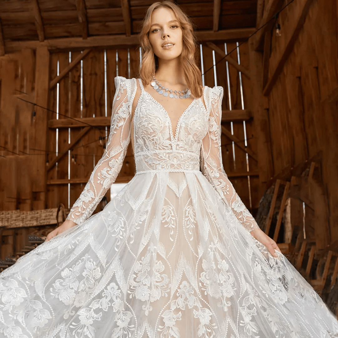 Aveline | Lace Backless Wedding Dress with Detachable Bolero Jacket | Exquisite Luxury Lace Wedding Dress.