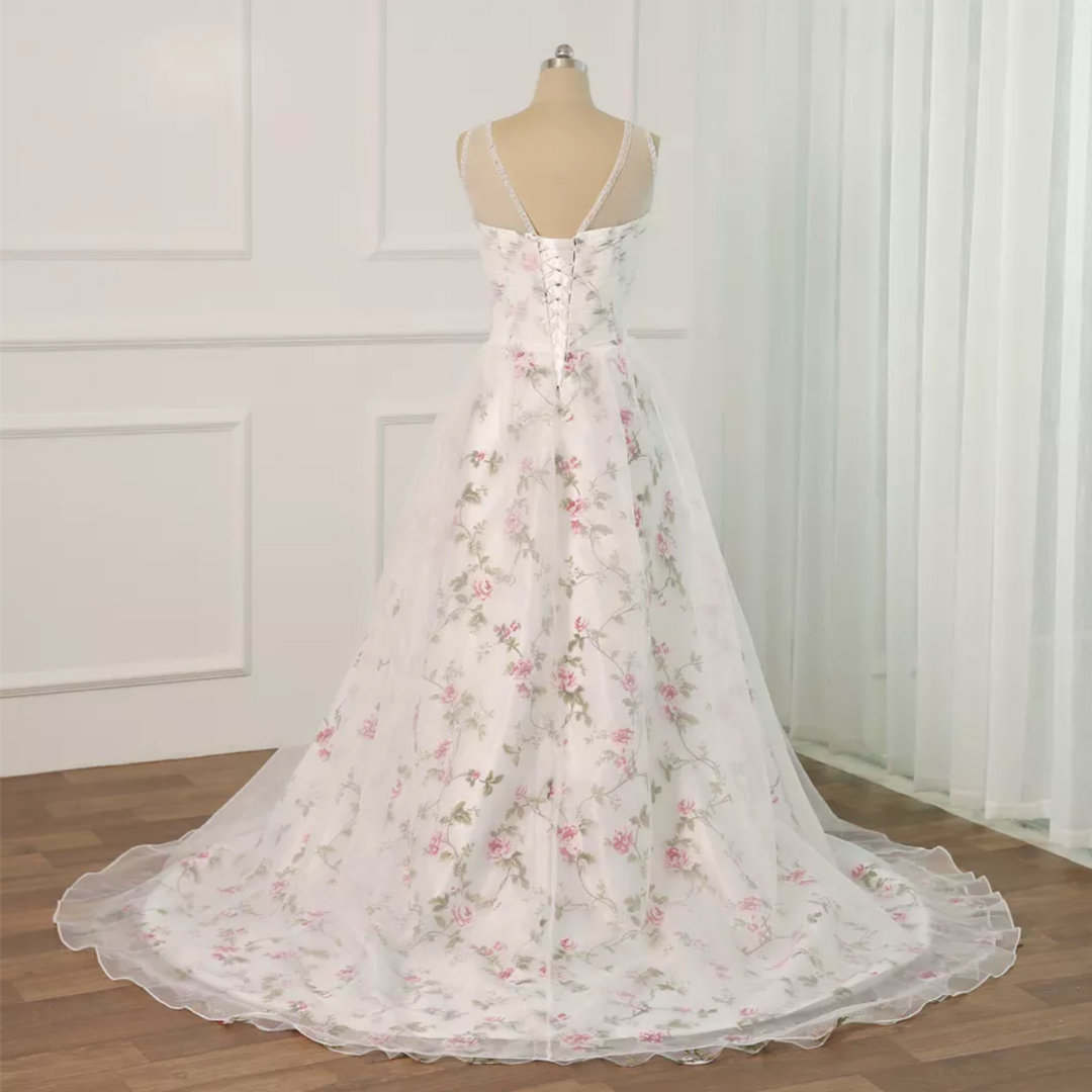 Floral print wedding gown: sweetheart neckline, A-line, lace-up back, sequin beading, sweep train, built-in bra.