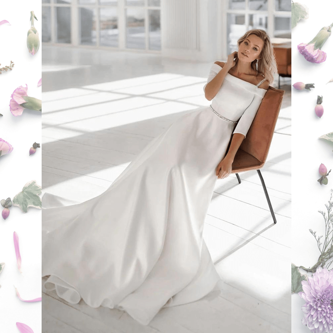 Caliana |Simple Elegant Half Sleeve Minimalist Satin Wedding Gown with Diamante Belt and Straps | Timeless Simplicity & Minimalist Charm.