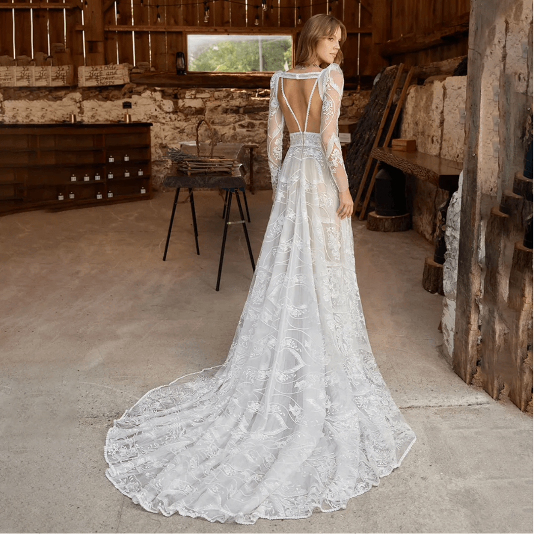 Aveline | Lace Backless Wedding Dress with Detachable Bolero Jacket | Exquisite Luxury Lace Wedding Dress.