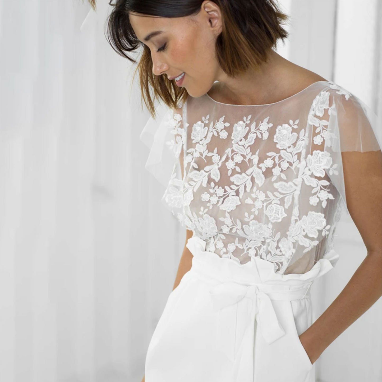 SALE Tessa | Chic and Alluring | Backless Short Wedding Dress with Short Sleeves and  Floral Lace Bodice Overlay.