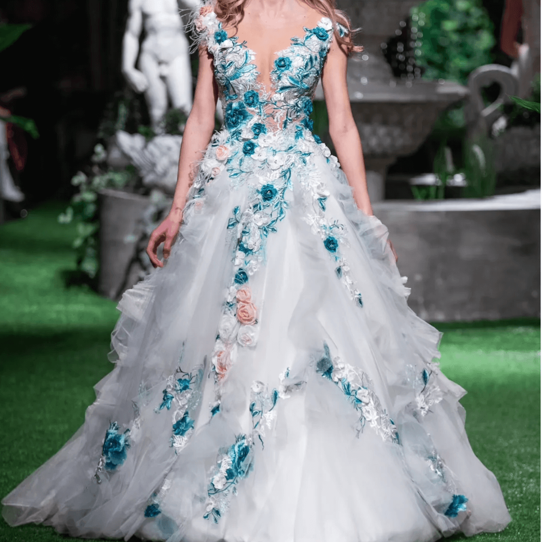 Isabella | Stunning Teal & Peach Sleeveless Wedding Gown with Enchanting 3D Flower Appliques.