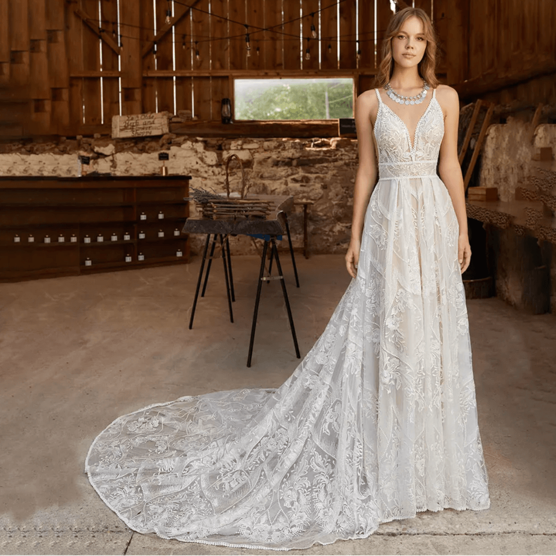 Aveline | Lace Backless Wedding Dress with Detachable Bolero Jacket | Exquisite Luxury Lace Wedding Dress.