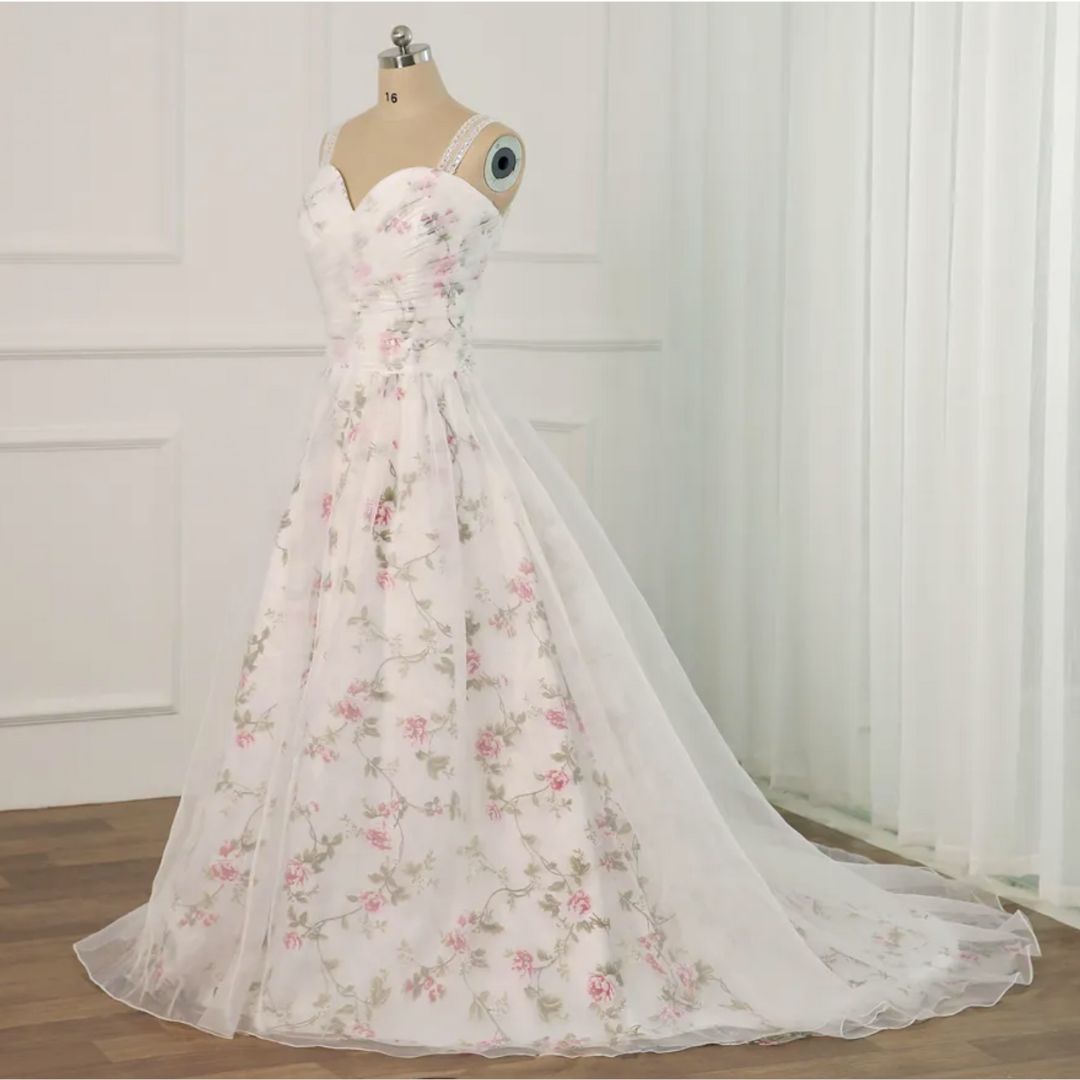 Floral print wedding gown: sweetheart neckline, A-line, lace-up back, sequin beading, sweep train, built-in bra.