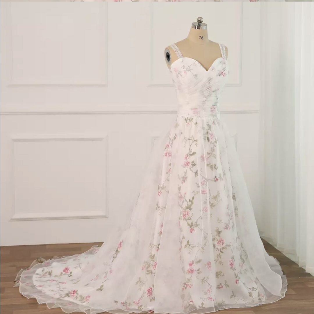 Floral print wedding gown: sweetheart neckline, A-line, lace-up back, sequin beading, sweep train, built-in bra.