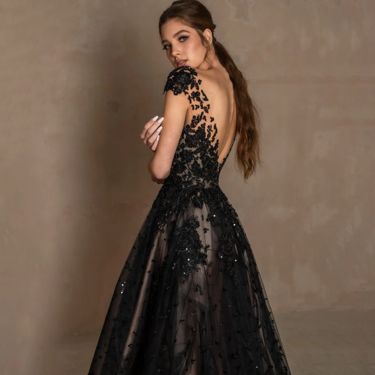 Lysandra | Glamorous & Mysterious | Sequinned Appliqued Black Alternative Wedding Dress, Prom Dress, Formal Evening Gown.