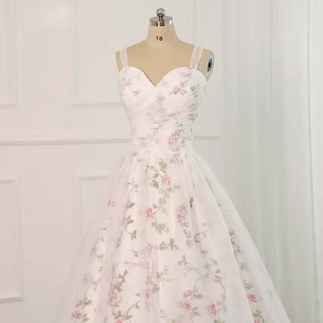 Floral print wedding gown: sweetheart neckline, A-line, lace-up back, sequin beading, sweep train, built-in bra.