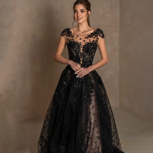 Lysandra | Glamorous & Mysterious | Sequinned Appliqued Black Alternative Wedding Dress, Prom Dress, Formal Evening Gown.