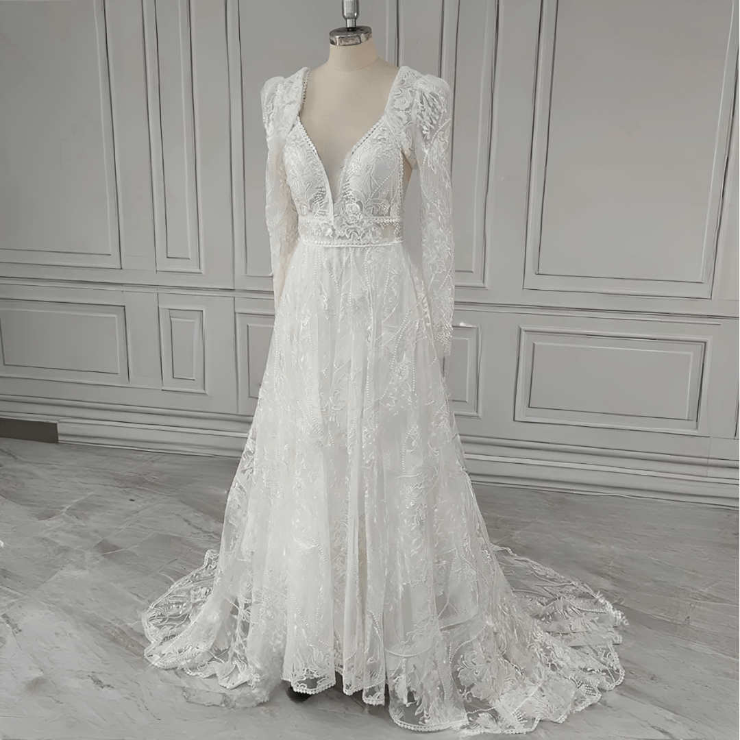 Aveline | Lace Backless Wedding Dress with Detachable Bolero Jacket | Exquisite Luxury Lace Wedding Dress.