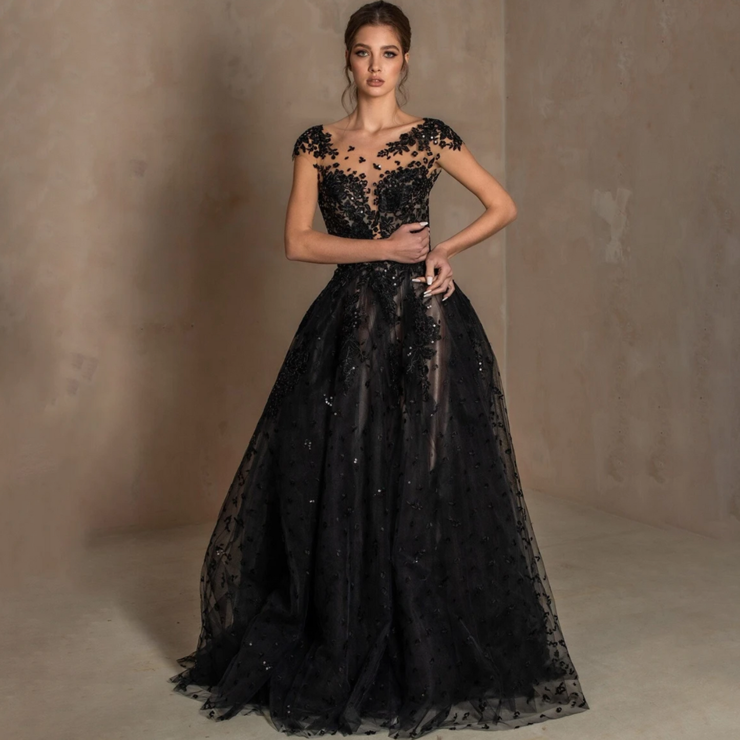 Lysandra | Glamorous & Mysterious | Sequinned Appliqued Black Alternative Wedding Dress, Prom Dress, Formal Evening Gown.