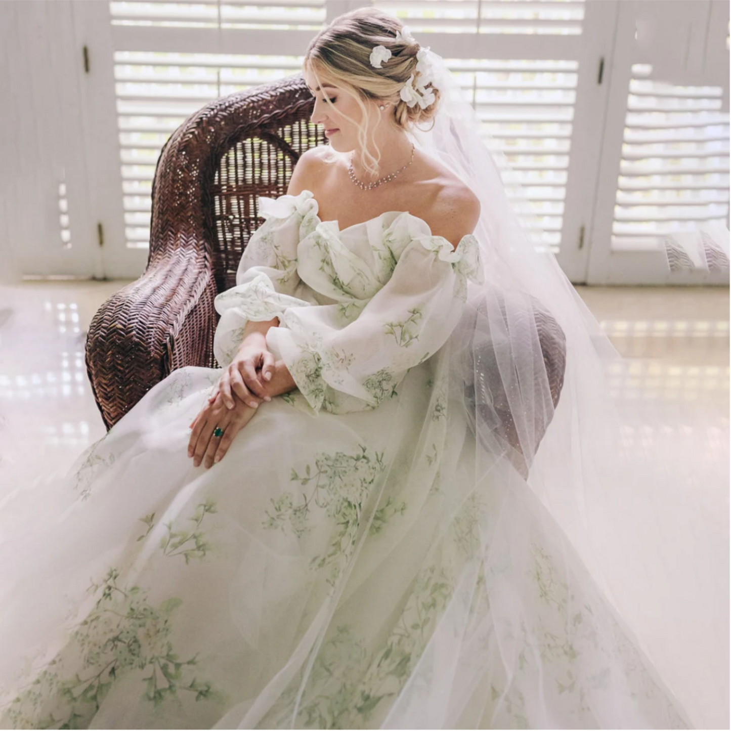 SALE Eden | An enchanting Fairytale Sage Green Floral Print Wedding Gown | Long Puff Sleeves | Scalloped Ruffled Neckline.