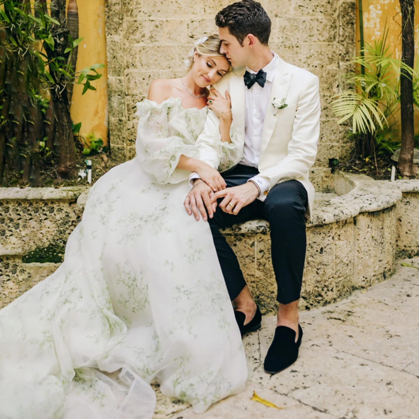 SALE Eden | An enchanting Fairytale Sage Green Floral Print Wedding Gown | Long Puff Sleeves | Scalloped Ruffled Neckline.