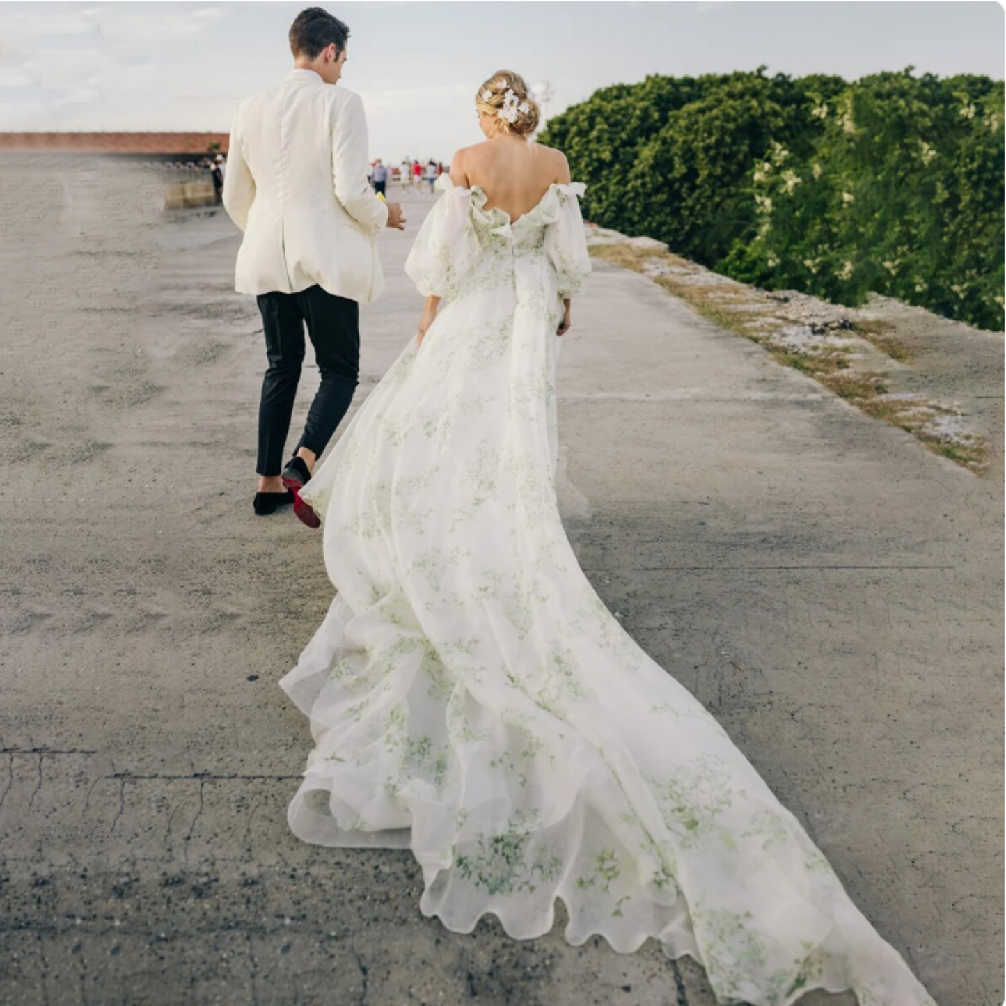 SALE Eden | An enchanting Fairytale Sage Green Floral Print Wedding Gown | Long Puff Sleeves | Scalloped Ruffled Neckline.