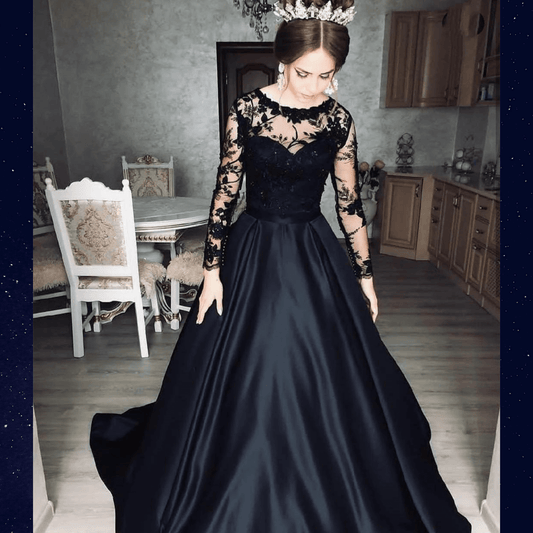 Vivienne | Black Wedding Dress in Satin with Long Lace Sleeves | Versatile Elegance for Unforgettable Moments.