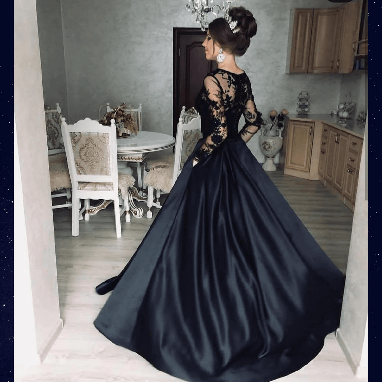 Vivienne | Black Wedding Dress in Satin with Long Lace Sleeves | Versatile Elegance for Unforgettable Moments.