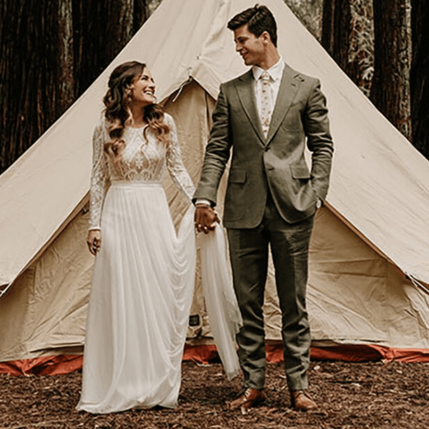 Elowen | Timeless Elegance Meets Bohemian Beauty. Long Lace Sleeve & Bodice with Chiffon Skirt and Pearl Beading Wedding Gown in Off-White.