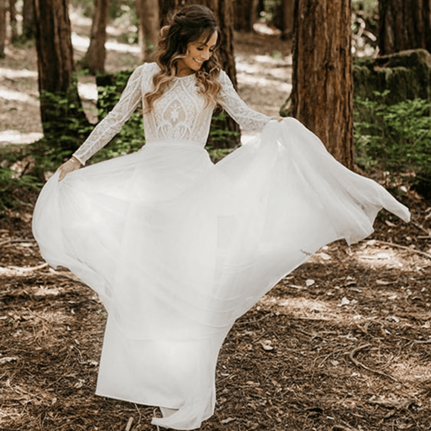 Elowen | Timeless Elegance Meets Bohemian Beauty. Long Lace Sleeve & Bodice with Chiffon Skirt and Pearl Beading Wedding Gown in Off-White.