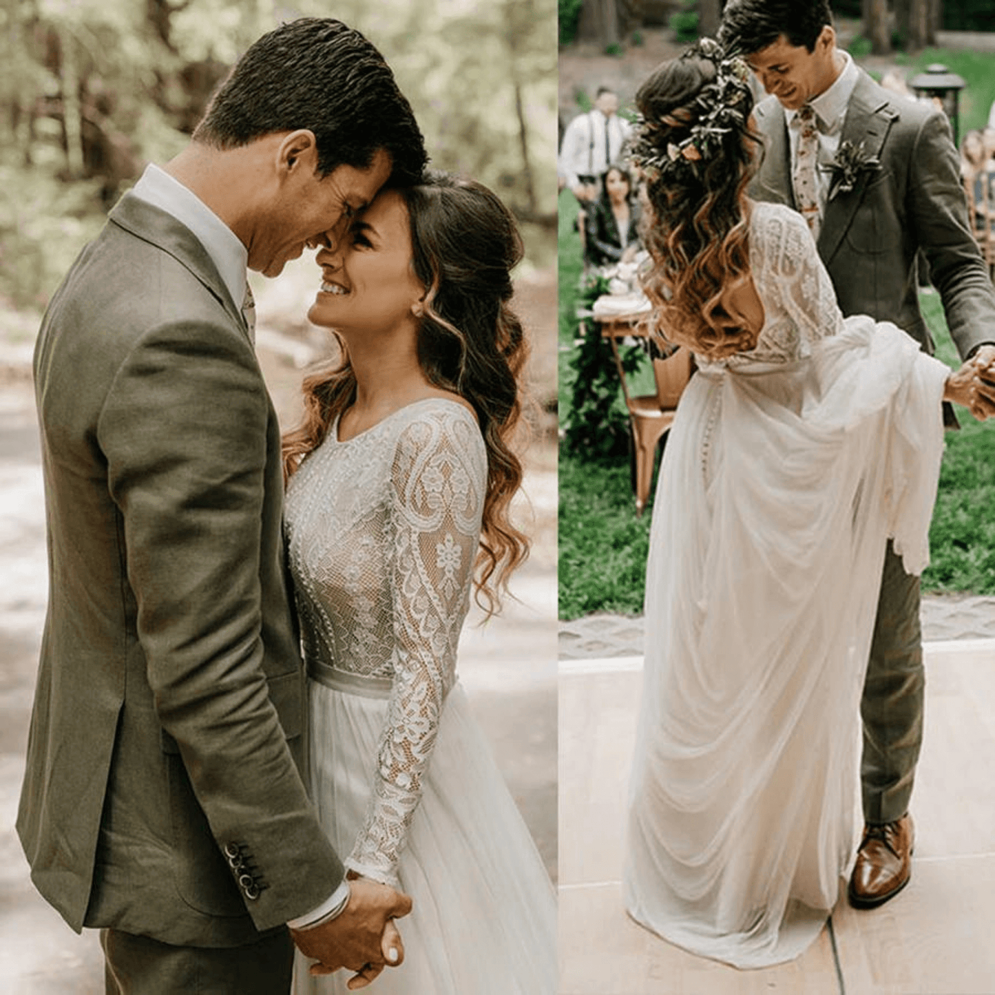 Elowen | Timeless Elegance Meets Bohemian Beauty. Long Lace Sleeve & Bodice with Chiffon Skirt and Pearl Beading Wedding Gown in Off-White.