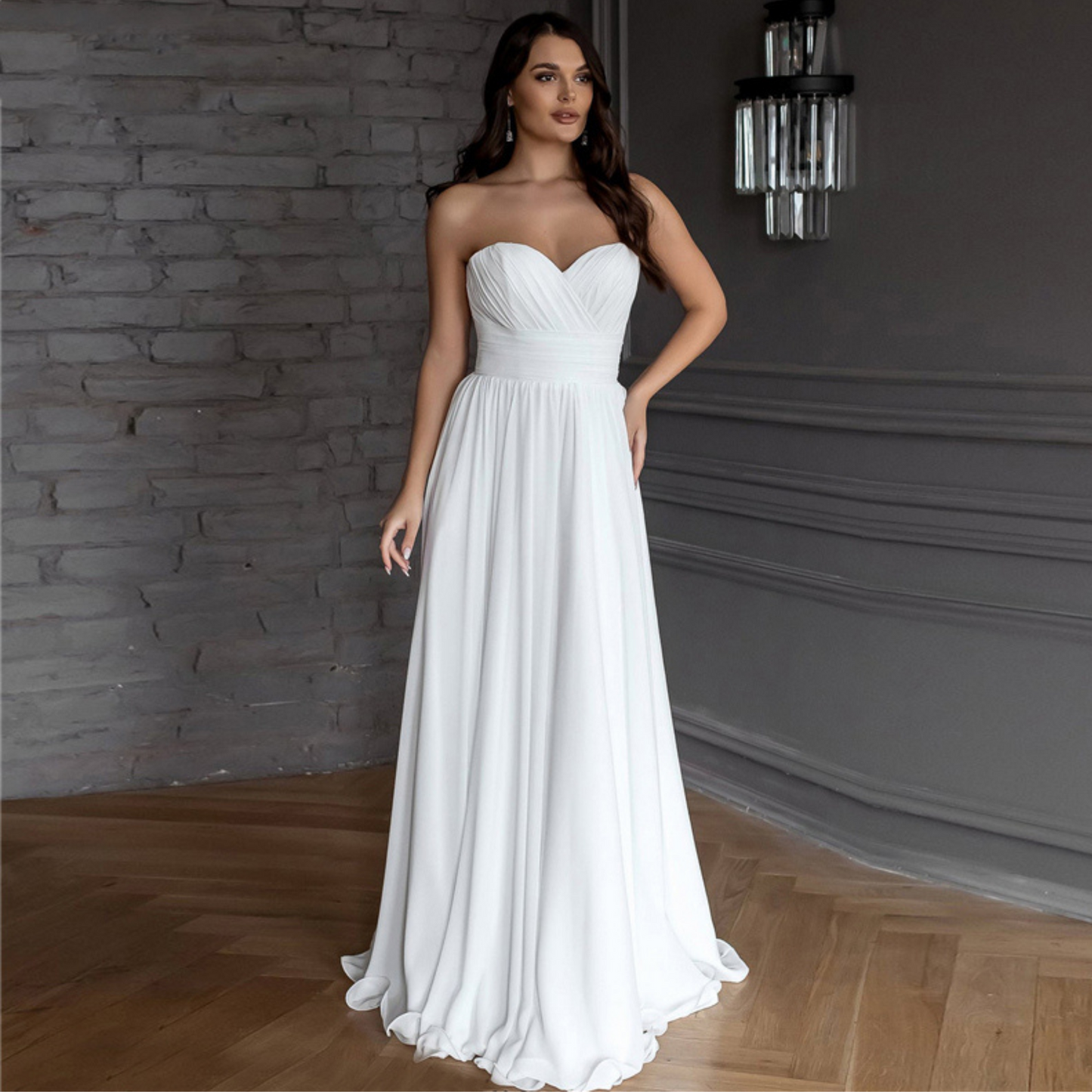 Simple strapless chiffon A-Line gown: ruched bodice, corset-style back, sweetheart neckline, brush train, built-in bra.