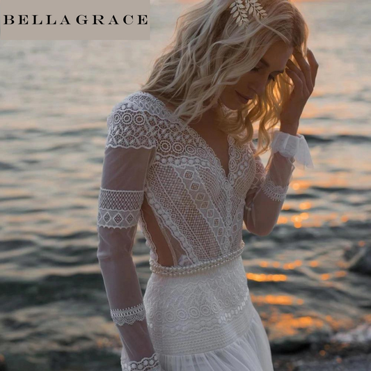 Beautiful A-Line Boho/Bohemian Vintage Wedding Bride Beach Bridesmaid Prom Occasion Party dress with long sleeves in White. - Bella Grace