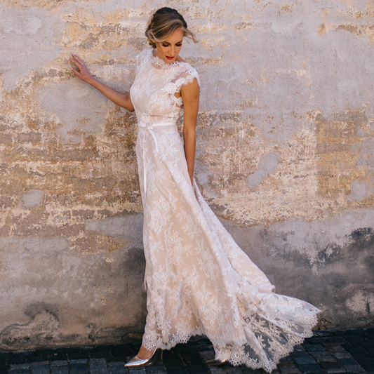 Beautiful Vintage Backless A-Line Boho/Bohemian Wedding Bride Beach Bridesmaid dress with cap sleeves in White Lace & Champagne Lining. - Bella Grace