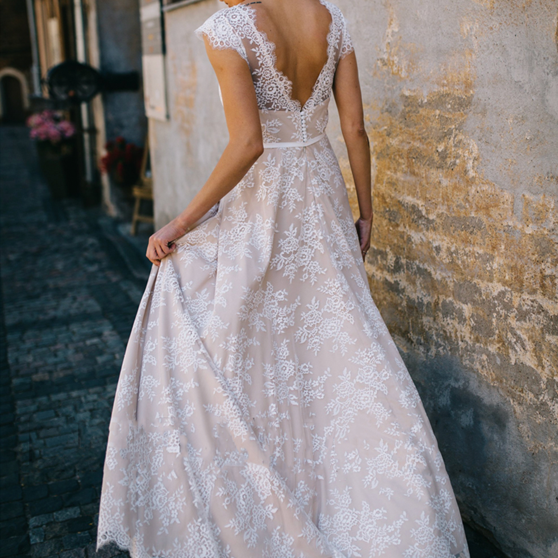 Beautiful Vintage Backless A-Line Boho/Bohemian Wedding Bride Beach Bridesmaid dress with cap sleeves in White Lace & Champagne Lining. - Bella Grace