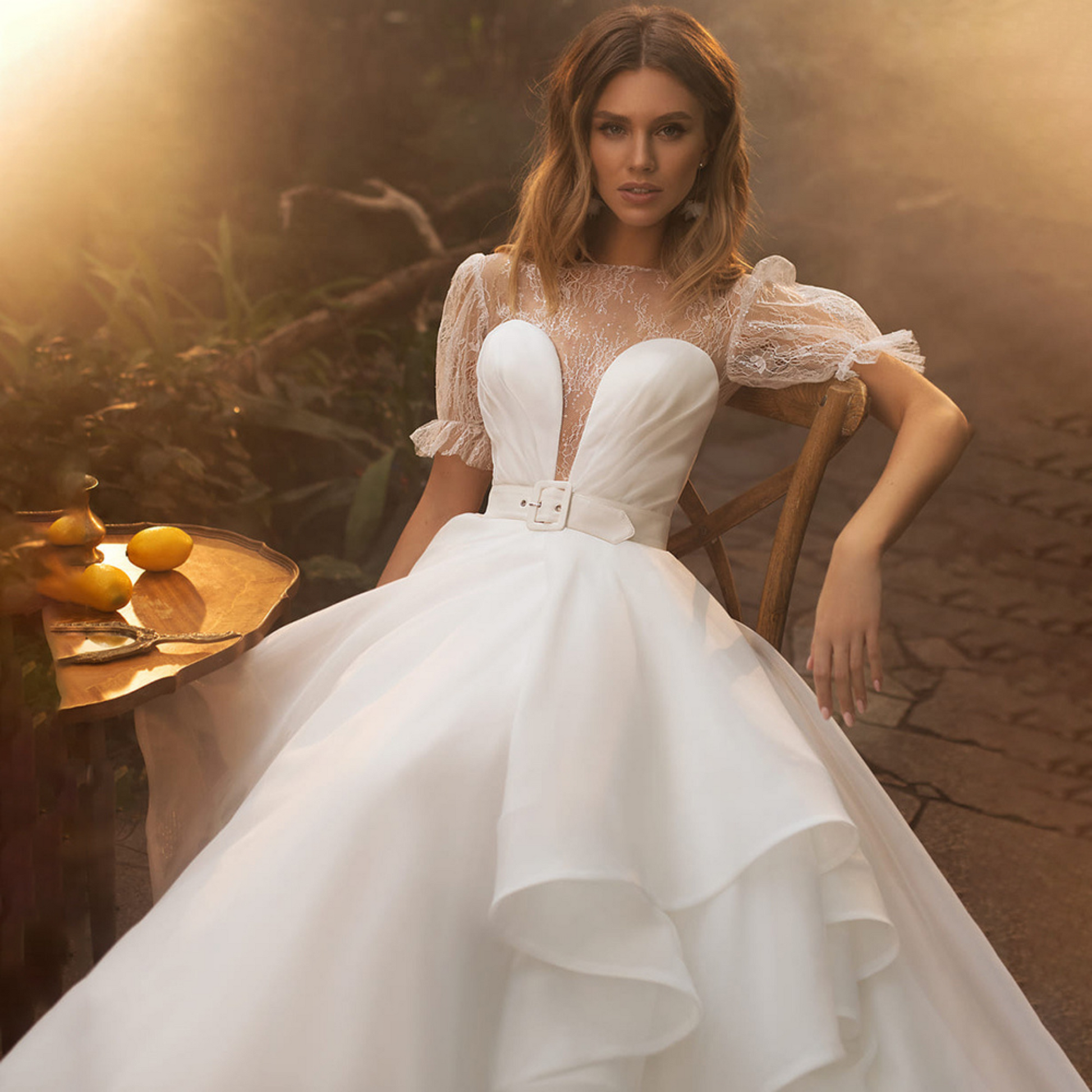 Luxury Ivory ballgown: layered ruffles, lace, chiffon, built-in bra, lantern sleeves, sweep train.