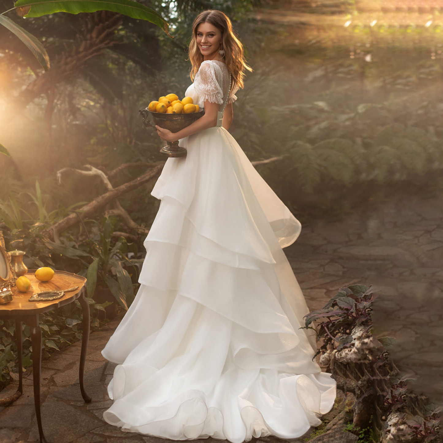 Luxury ivory ballgown: layered ruffles, lace, chiffon, built-in bra, lantern sleeves, sweep train.