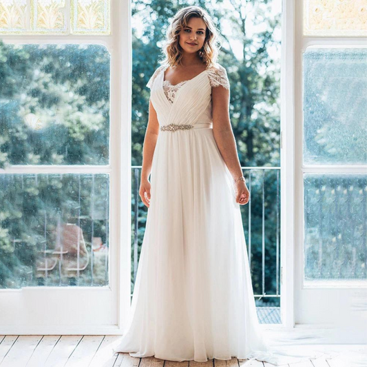 Beautiful Ruched Chiffon A-Line Wedding Dress with Lace panel, Cap Sleeves, Gorgeous Rhinestone Sash Belt and Lace & Button back. In White. - Bella Grace