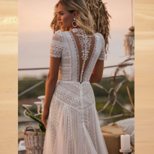 Exquisite A-Line Boho/Bohemian Lace Vintage Wedding Bride Beach Bridesmaid dress with short sleeves and illusion hollow back button design. - Bella Grace