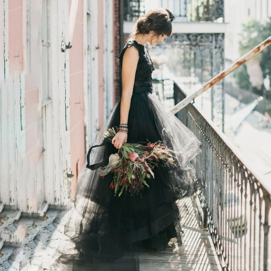 Fabulous A-Line alternative gown for Wedding Bride Beach Prom Ball with Keyhole back, Lace and tiered ruffled layers. In Black. - Bella Grace