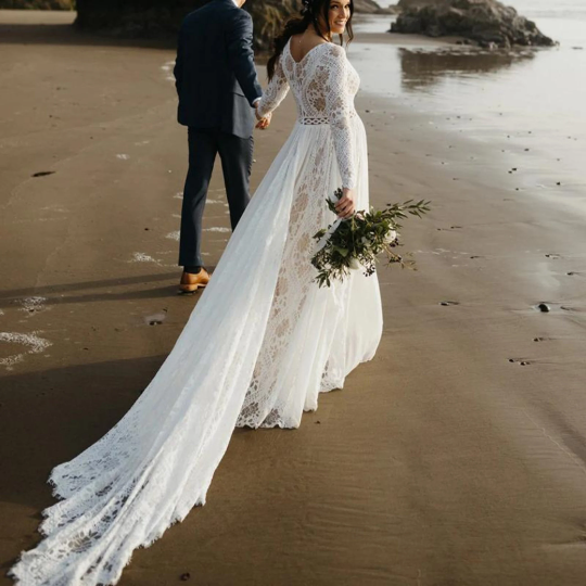 Gorgeous A-Line Boho/Bohemian Lace/Chiffon Vintage Wedding Bride Beach Bridesmaid dress with long sleeves in White. - Bella Grace