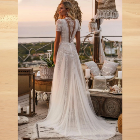 Exquisite A-Line Boho/Bohemian Lace Vintage Wedding Bride Beach Bridesmaid dress with short sleeves and illusion hollow back button design. - Bella Grace