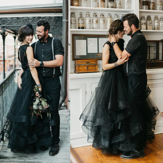 Fabulous A-Line alternative gown for Wedding Bride Beach Prom Ball with Keyhole back, Lace and tiered ruffled layers. In Black. - Bella Grace