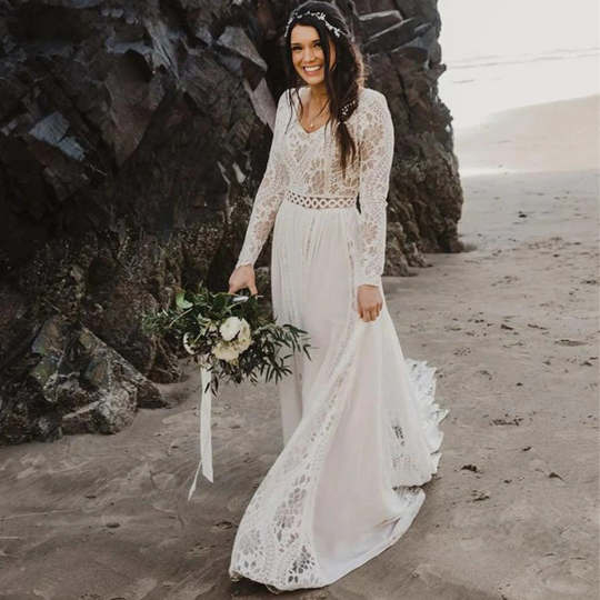 Gorgeous A-Line Boho/Bohemian Lace/Chiffon Vintage Wedding Bride Beach Bridesmaid dress with long sleeves in White. - Bella Grace