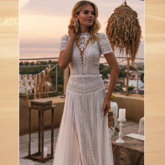 Exquisite A-Line Boho/Bohemian Lace Vintage Wedding Bride Beach Bridesmaid dress with short sleeves and illusion hollow back button design. - Bella Grace