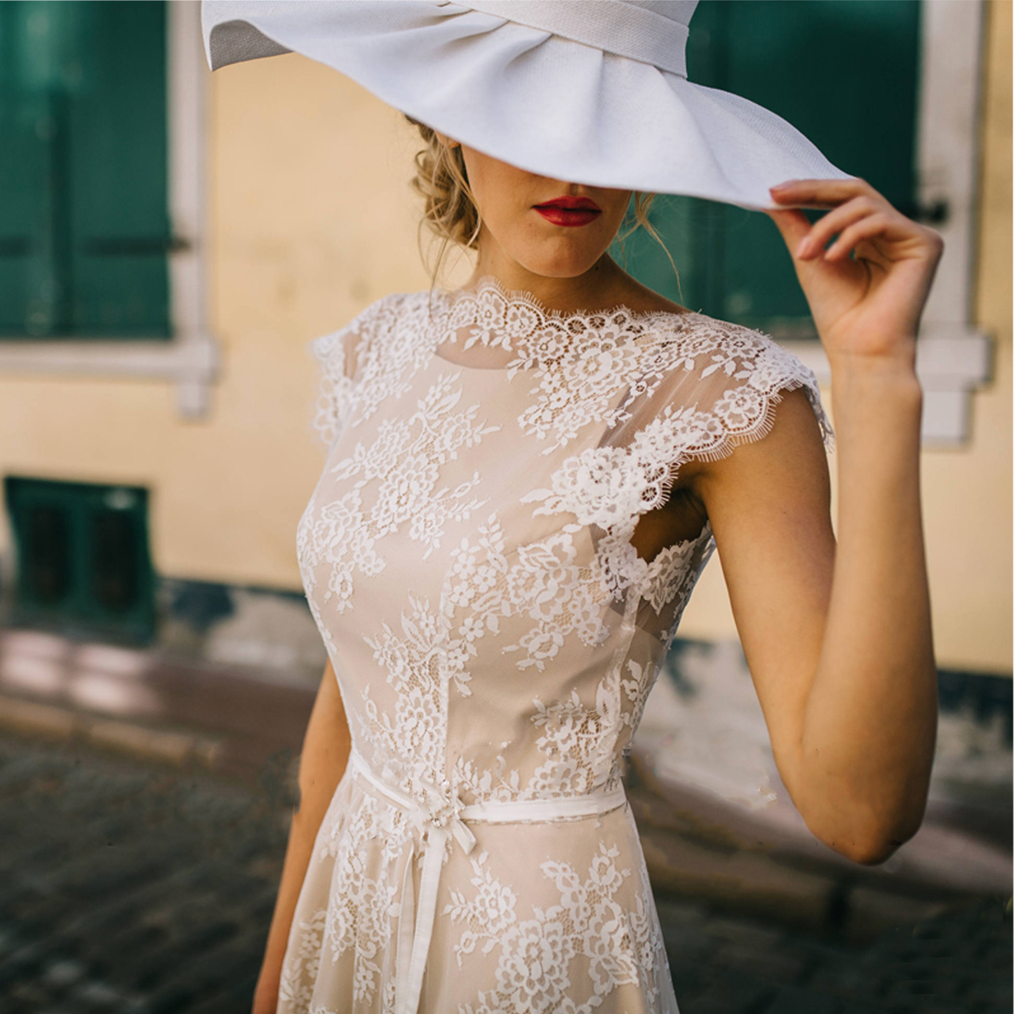 Beautiful Vintage Backless A-Line Boho/Bohemian Wedding Bride Beach Bridesmaid dress with cap sleeves in White Lace & Champagne Lining. - Bella Grace